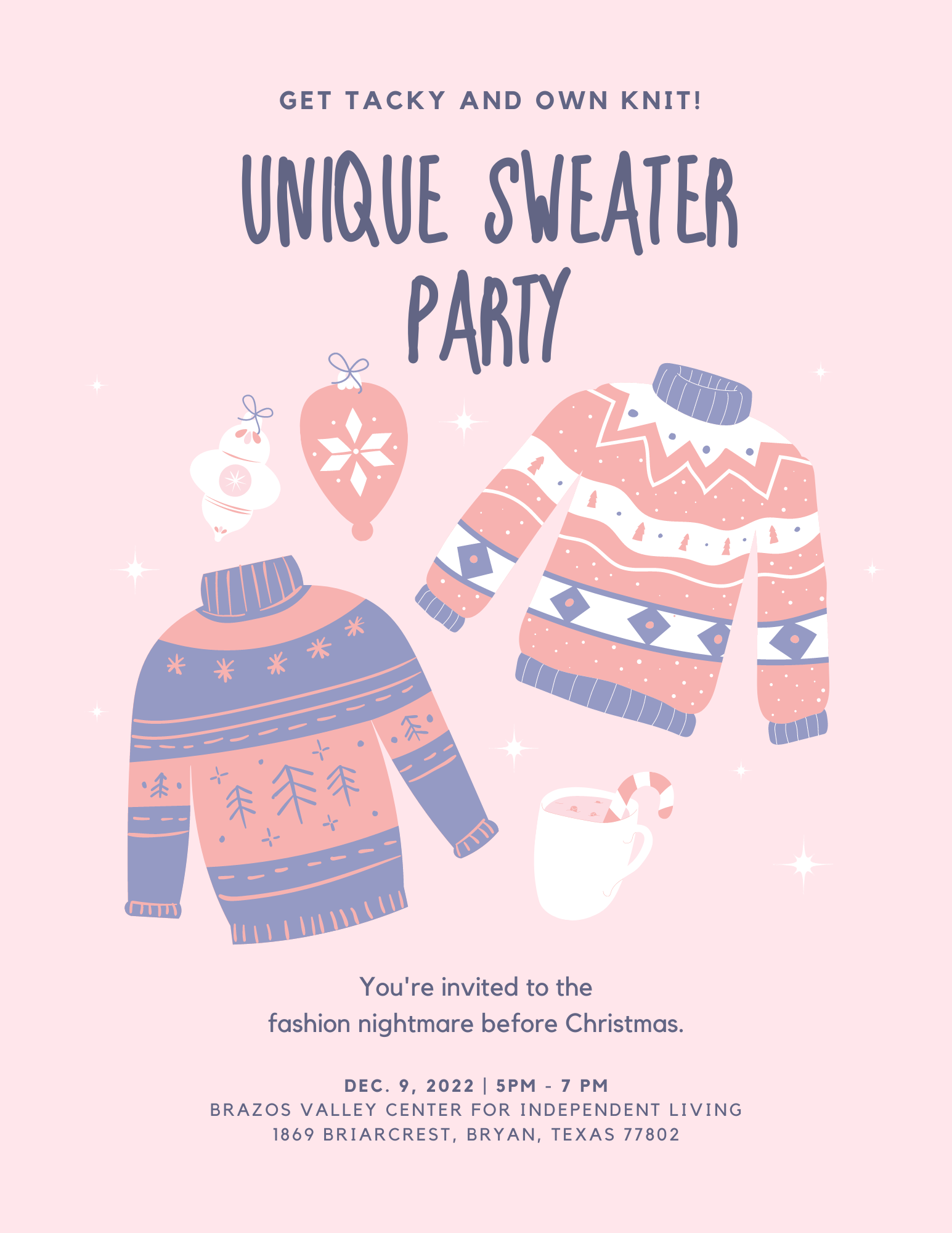 A light pink background with an illustrated drawing of two knit sweaters.
